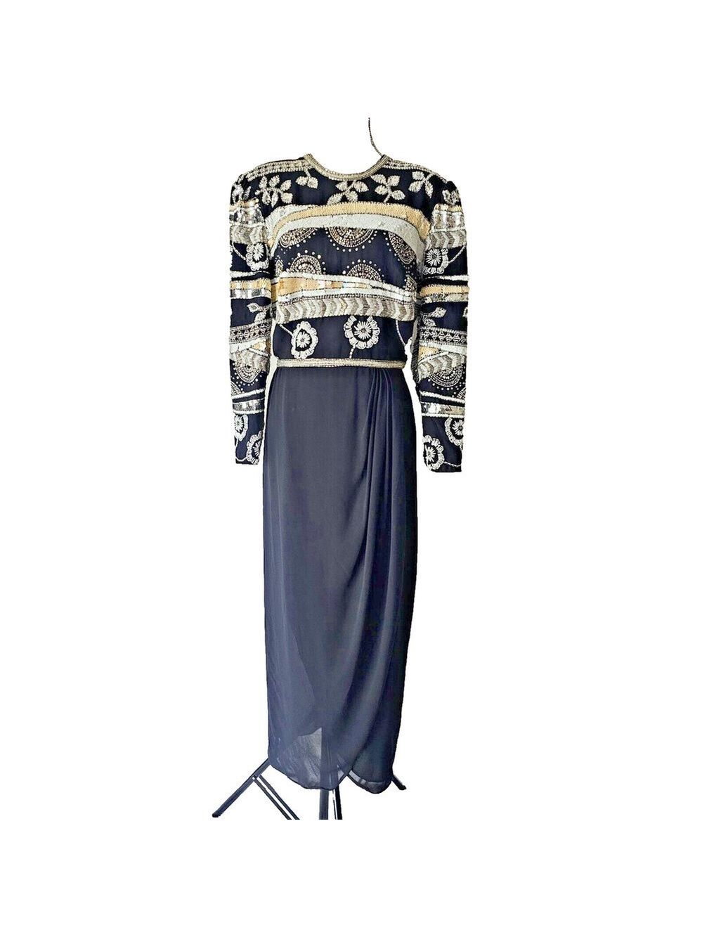 Jack Bryan Vintage Black Beaded Long Sleeves Evening Gown Size 16